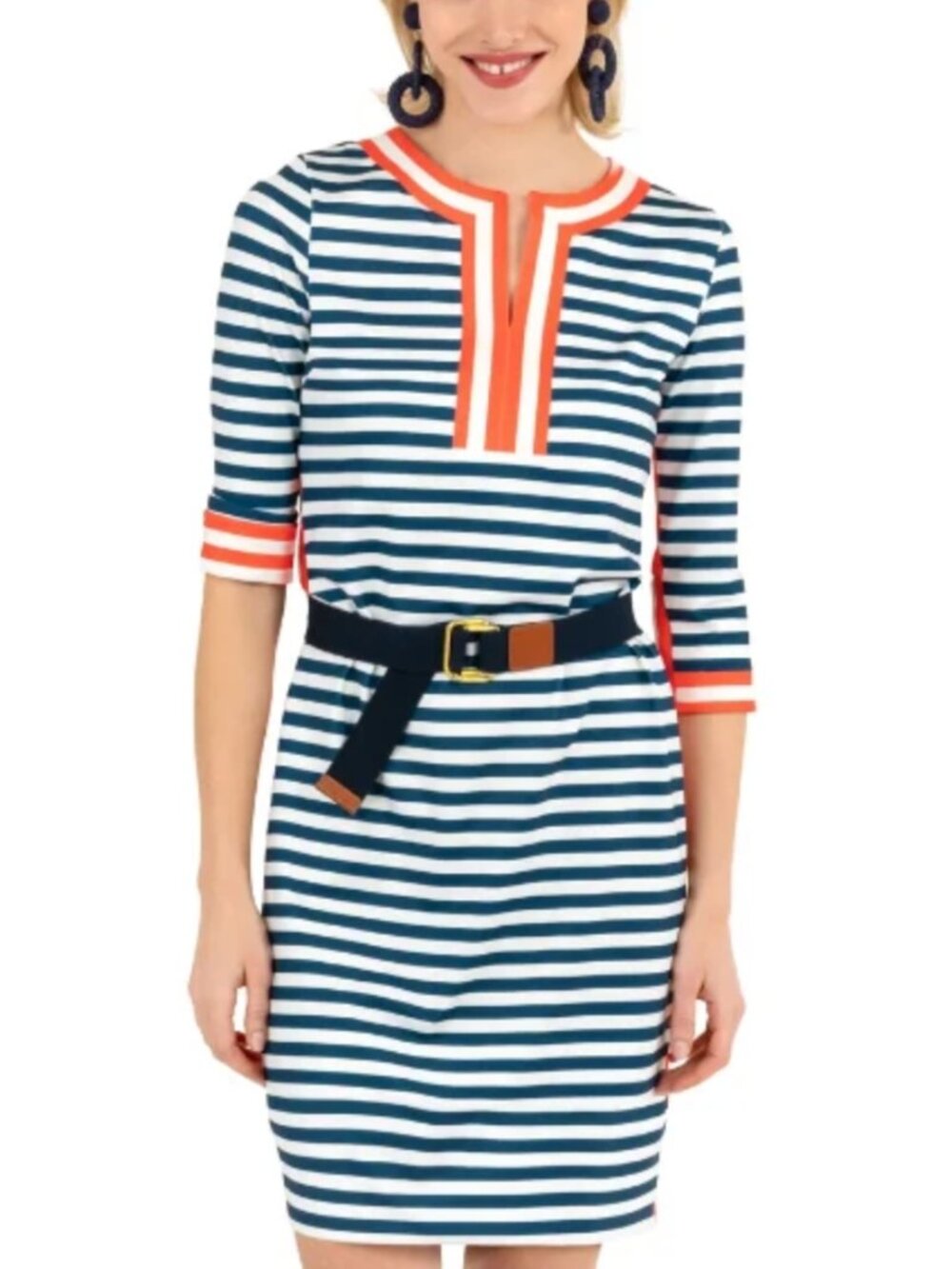Gretchen Scott Hinkley Blue Striped Split Neck Goddess 3/4 Sleeve Dress, size XS